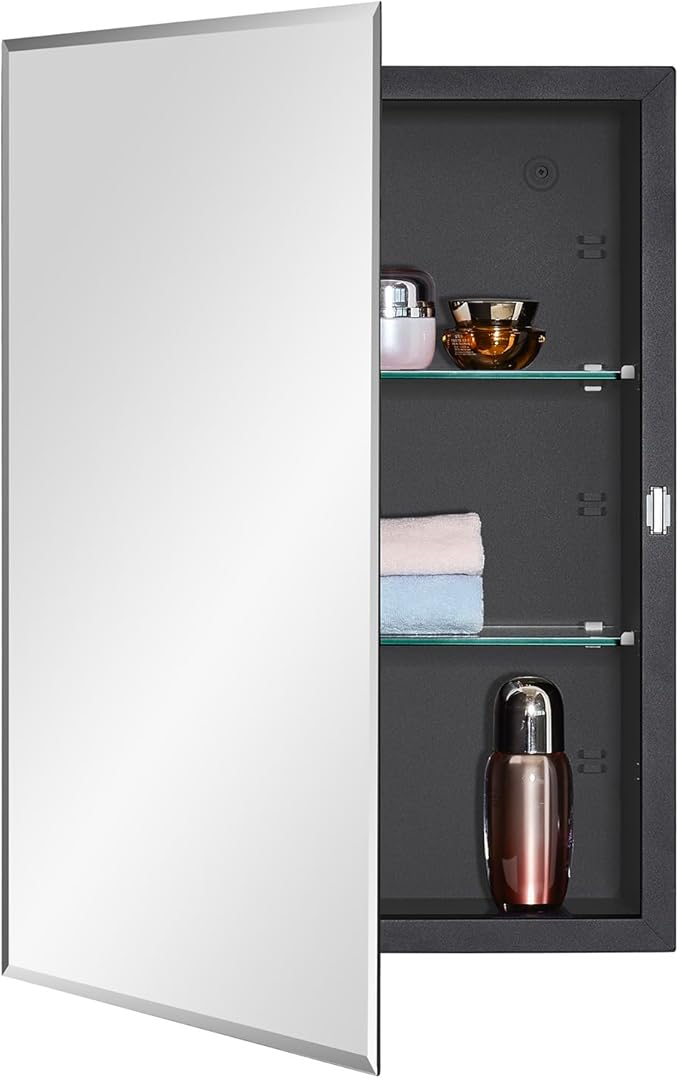 Black Bathroom Medicine Cabinet with Beveled Edge Mirrored Door 16 x 22 inch, Recessed or Surface Mount, with Adjustable Glass Shelves