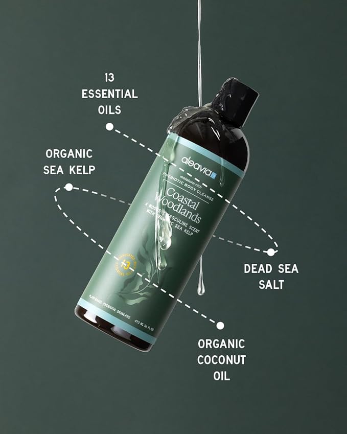 Aleavia Coastal Woodlands Mens Body Cleanse – Organic & All-Natural Prebiotic Body Wash for Men, Woodsy Notes Scented with 13 Essential Oils, – Nourish Your Skin Microbiome – 16 Oz.