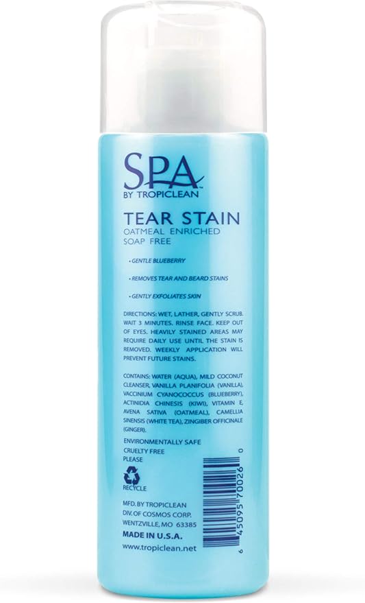 TropiClean SPA Tear Stain Remover for Dogs | Blueberry Facial Shampoo | Odor Eliminator | Tearless | Whitening and Brightening | Made in USA | 8oz.