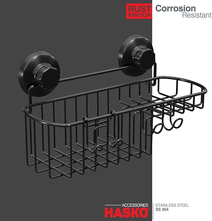 HASKO Shower Caddy Suction Cup, Shower Shelf with Soap Dish and Hooks Organizer, Suction Bathroom Shelf for Storage, Wall Mounted Basket, Black