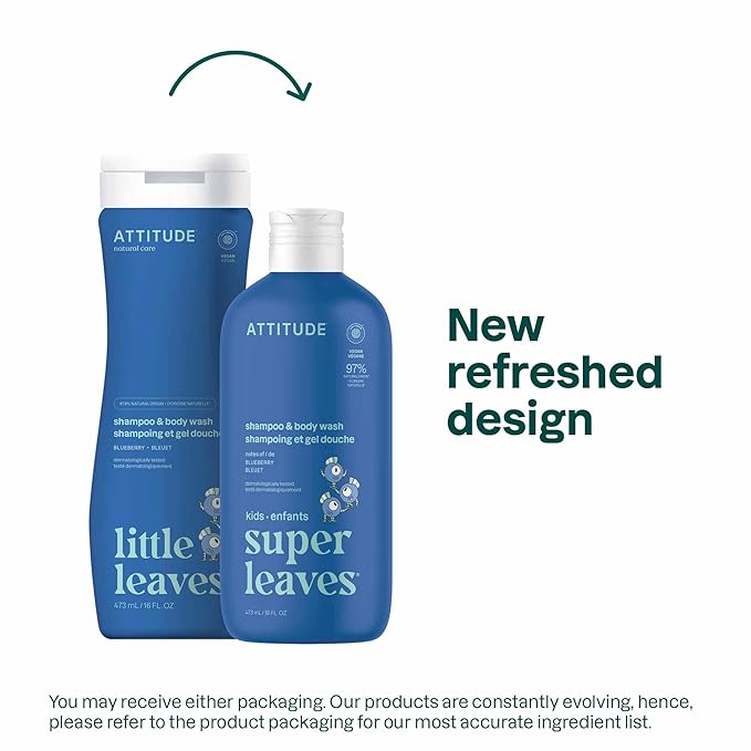 ATTITUDE Shampoo and Body Wash for Kids, EWG Verified Hair and Body Cleanser, Dermatologically Tested Soap, Plant and Mineral Based Bath Products, Vegan, Blueberry, 16 Fl Oz