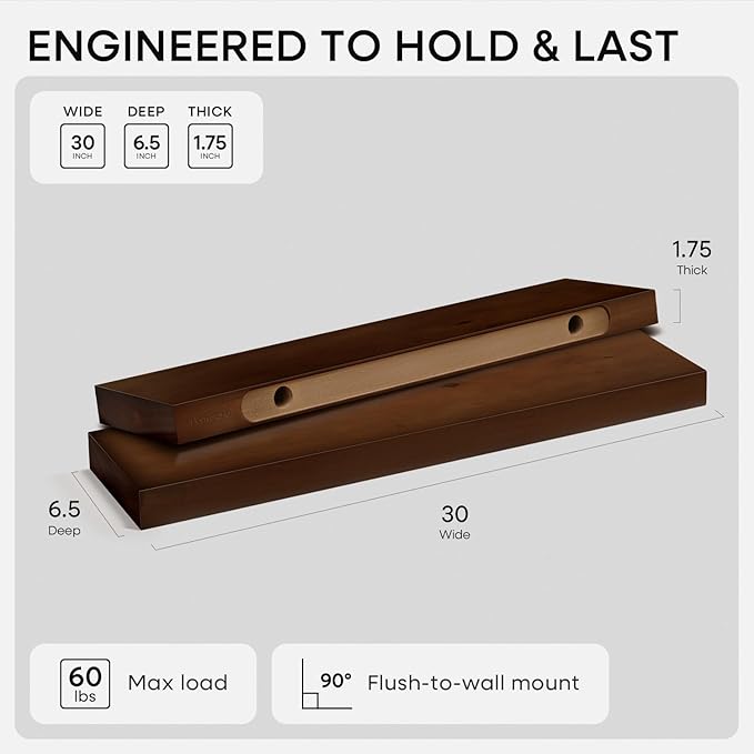 Homeforia 30inch Walnut Floating Shelves for Wall Mounted, High End Solid Real Wood 30 in Floating Shelf, Dark Brown Wooden 30 inch Long Floating Shelves, Heavy Duty Bracket, 30 X 6.5 X 1.75, Set of 2