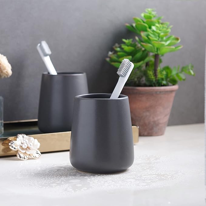 Matte Grey Toothbrush Holders for Bathroom - 2Pcs Ceramic Tooth Brushing Holder Set, Toothpaste Holder, Reusable Toothbrush Mouthwash Cups, Space-Saving Design for Bathroom Countertop