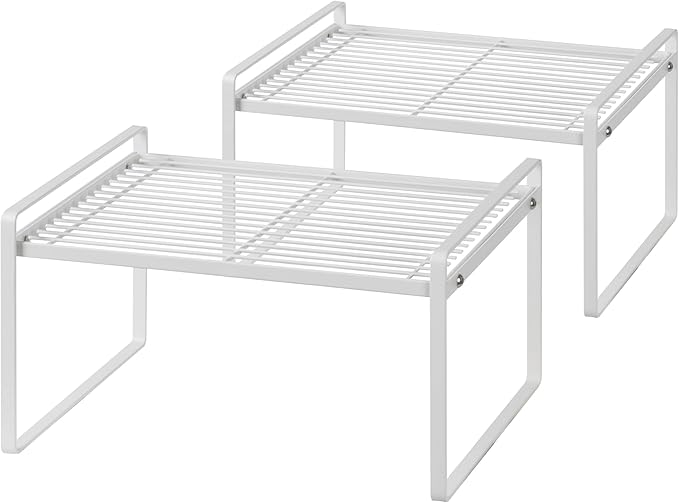2Pack Kitchen Cabinet Shelf Counter Organizer Rack Pantry Storage Bathroom Bedroom Office Table Desk Space Saving Stackable Rust Resistant Non Slip White Wide L13.1in W10.6in H7.3in