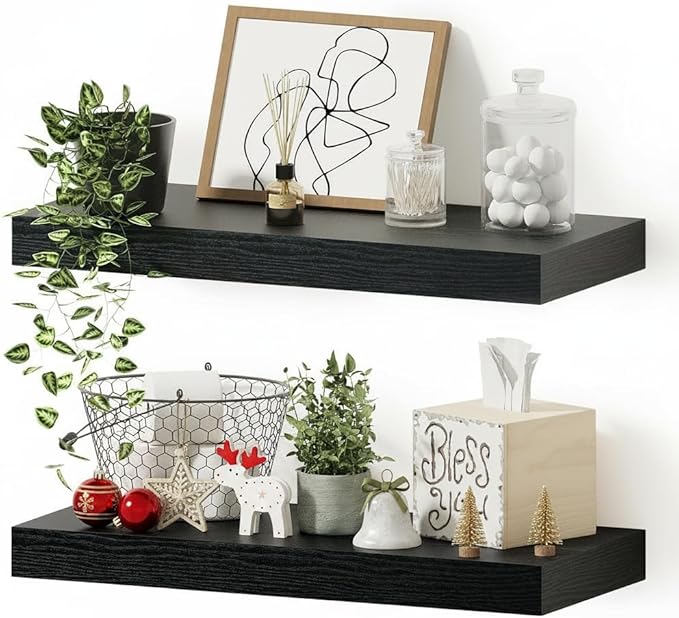 Vivelove Black Bathroom Shelves Over Toilet, 16" Floating Shelves, Wall Shelf for Bathroom Bedroom, Living Room, Kitchen, Office Home Decor, Narrow Shelves with Invisible Brackets Set of 2