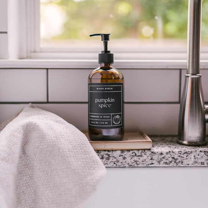River Birch Pumpkin Spice Scented Natural Hand Soap -Handmade Soap -Moisturizing Hand Wash with Amber Glass Dispenser - Luxury Scented Hydrating Hand Soap - Vegan and Non-Toxic -16 Fl Oz