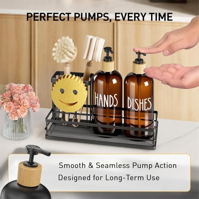 Moforoco Kitchen Dish Soap Dispenser Set, 16OZ Glass Bottle, Hand and Dish Soap Dispenser Set, Instant Dry Tray, Non-Slip Silicone Pad, Brush Holder with Sponge Holder, Kitchen Decor（Amber Bottle）