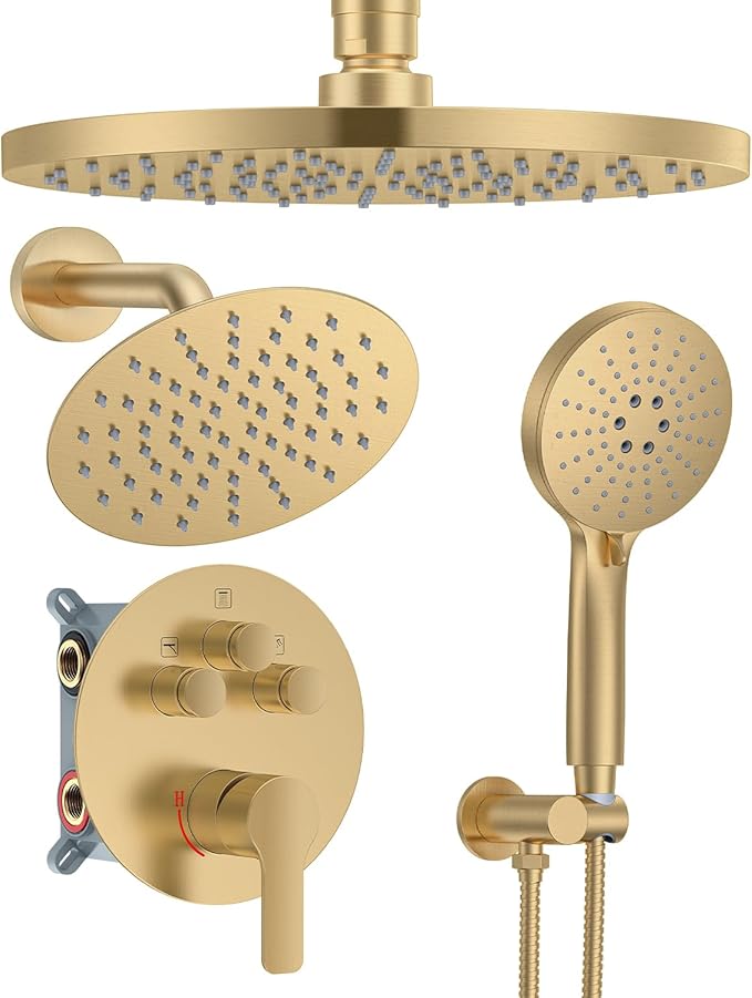 Shower System with Pressure Balance Valve, 10" Ceiling Mount Shower Faucet Set with 2 Rain Shower Head And Multi-function Handheld Head Push Button Diverter Pressure Balancing Valve Kit, Brushed Gold