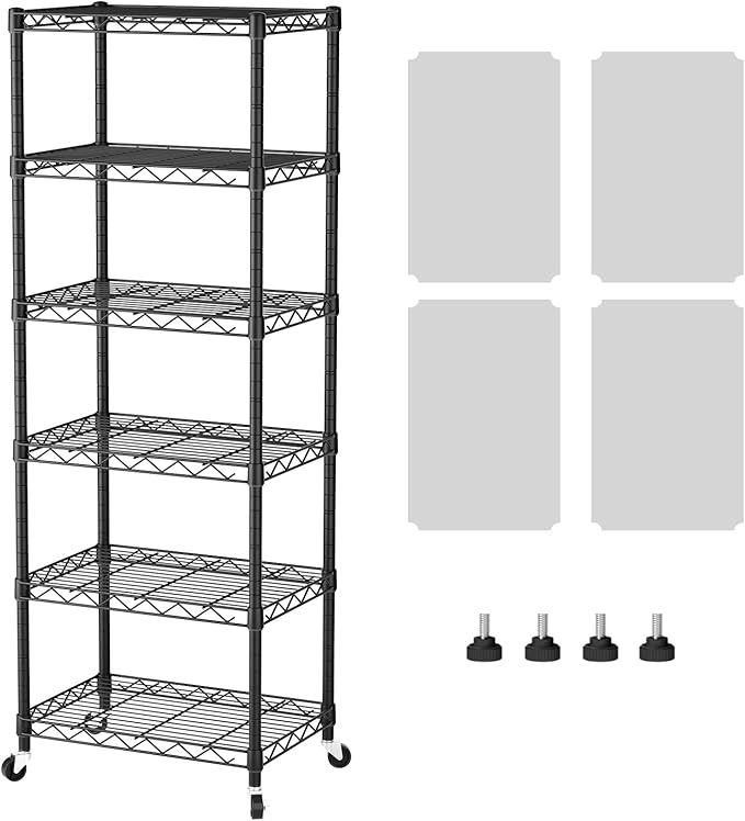 SINGAYE 6 Shelf Storage Wire Shelves Closet Bathroom Organizers Metal Pantry Kitchen Small Garage Shelving Unit Laundry Room Organization Home Narrow Rack Net Basket with Wheels Black