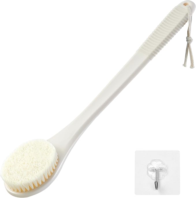 Back Scrubber for Shower, Shower Body Brush for Cleaning with Long Handle for Showering, 17 Inch Back Washer Exfoliator for Shower Men Women with Non-Slip Handle, Adhesive Hook (Cream White)
