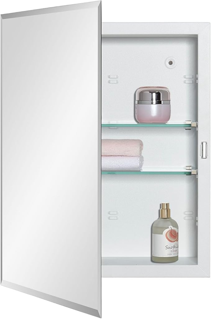 Bathroom Medicine Cabinet with Beveled Edge Mirrored Door 14 x 18 inch, Recessed or Surface Mount, with Adjustable Glass Shelves