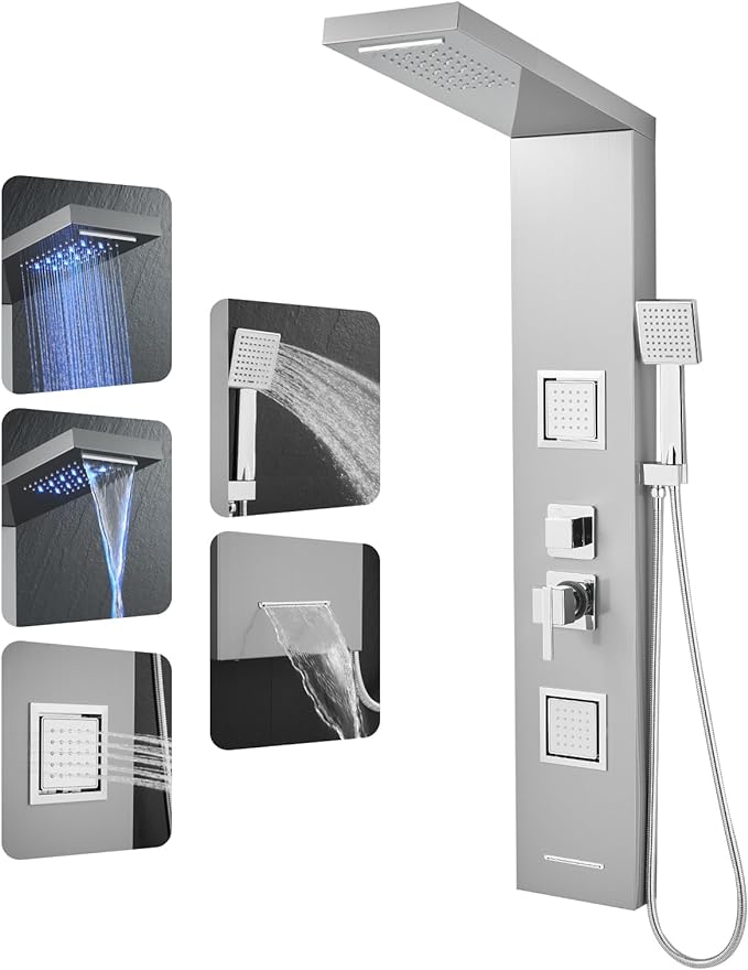 ROVOGO Shower Panel Tower System with Led Lights, Rainfall Waterfall Shower Head, 2 Big Body Jets, Handheld and Tub Spout, Stainless Steel Shower Column Brushed