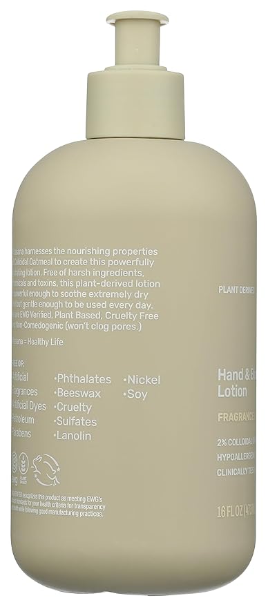 Hydrating Hand & Body Lotion, 16 oz – Fragrance‑Free, 99% Plant‑Derived with 2% Colloidal Oatmeal, EWG Verified, Hypoallergenic, Paraben‑Free, Sulfate‑Free, Cruelty‑Free