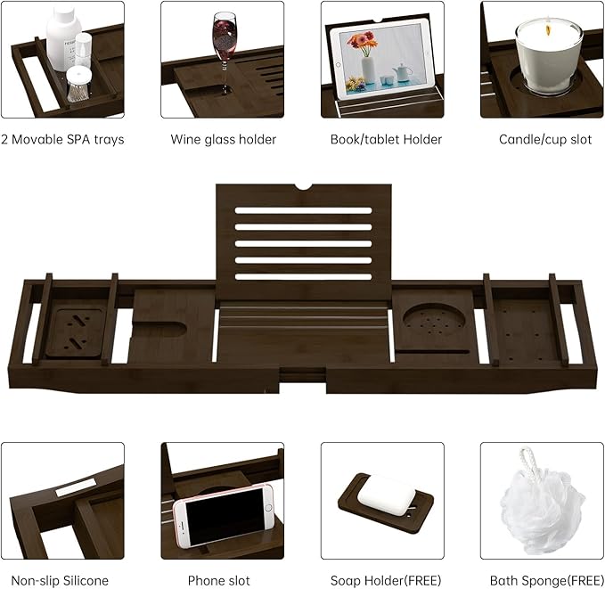 Bamboo Bathtub Tray for Luxury Bathroom, Expandable Premium Bath Tray w/Soap Towel Book Holder, Adjustable Bath Accessories for Tub,Extendable Tub Tray w/Wine Glass Cup Organizer 29.5-43.3" Espresso