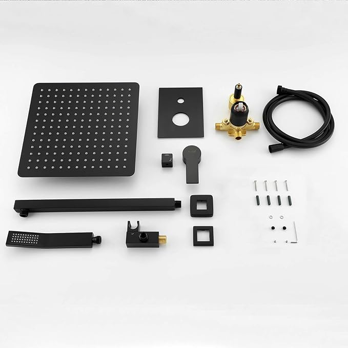SHAMANDA Luxury Shower Set, Bathroom Single Handle Shower Faucet with Trim Valve Body Hand Shower Complete Kit, Premium Matte Black Rainfall Shower System, L70001-7