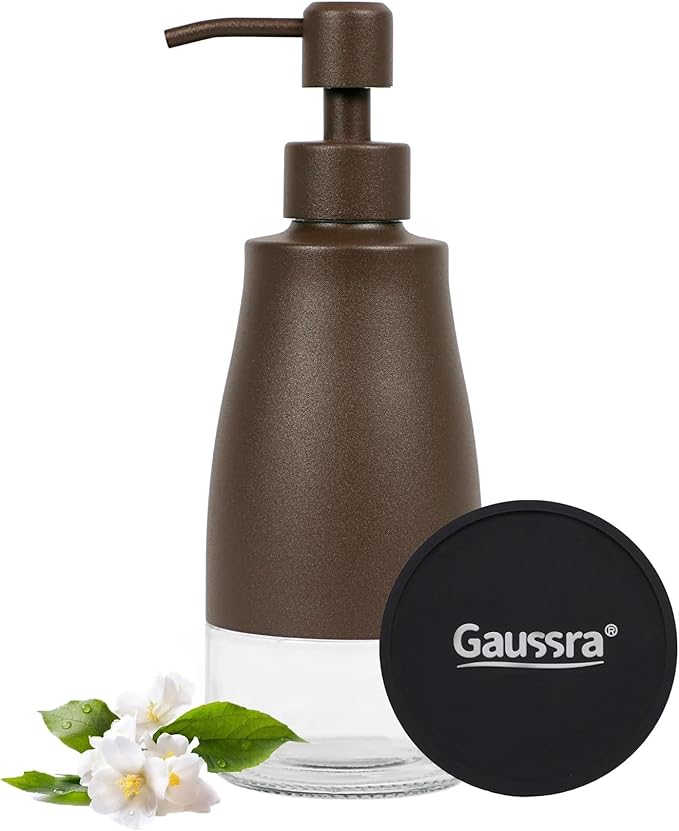 Gaussra Bronze Soap Dispenser with Coaster and Stickers, Stainless Steel and Glass Bottle Hand Pump Dispenser, Refillable Liquid Hand Soap Dispenser for Bathroom & Kitchen (11OZ / 320ML)