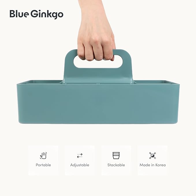 BLUE GINKGO Stackable Organizer Caddy – Korean-Made Portable Tote for Bathroom, Office, Crafts, or School Supplies (Long Rectangle, Green)