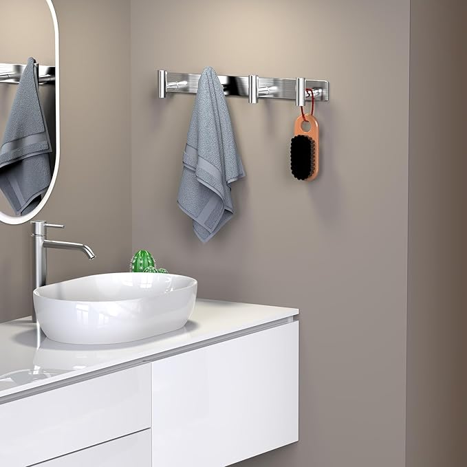 HUFEEOH T-Shaped Stainless Steel Coat Rack Wall Mount - 4 Heavy Duty Hooks for Bathroom, Mudroom Entryway, Durable Purse Hanger & Towel Rack