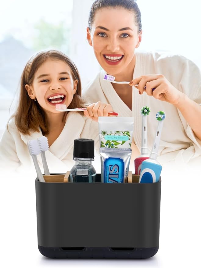 Black Toothbrush Holder, Bamboo Toothbrush and Toothpaste Holder with Drainage, Electric Kids Matte Black Toothbrush Holders Set Organizer for Bathrooms Countertop Accessories Storage