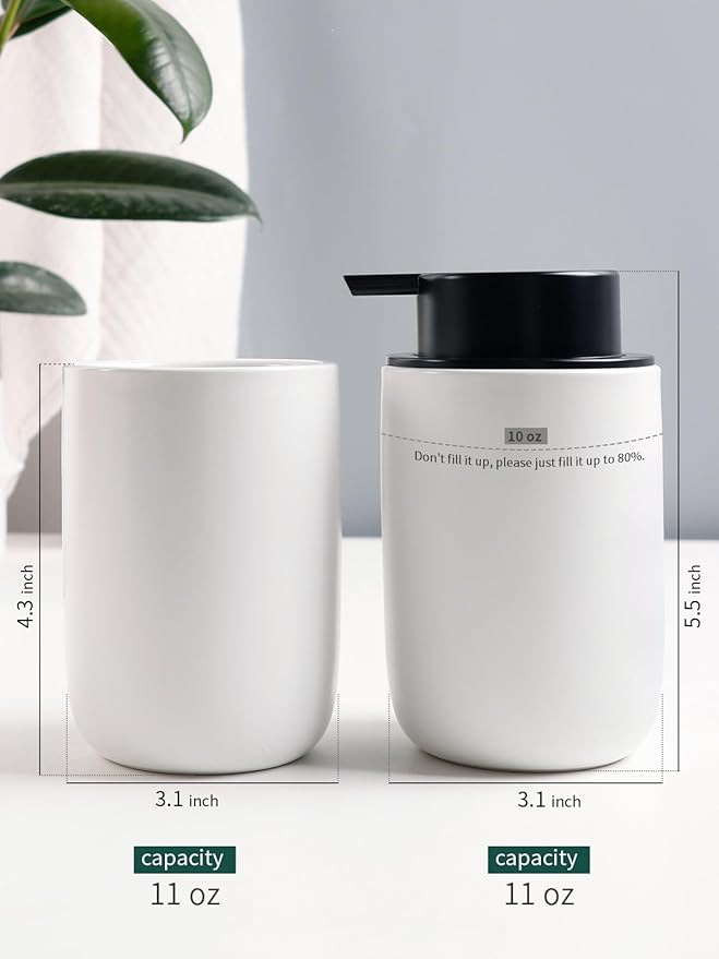 Bosilunlife Soap Dispenser and Toothbrush Holder Set - 11Oz Dish Hand Soap Dispenser Pump Ceramic Bathroom Counter Soap Toothbrush Holder Set White Bathroom Accessories Set