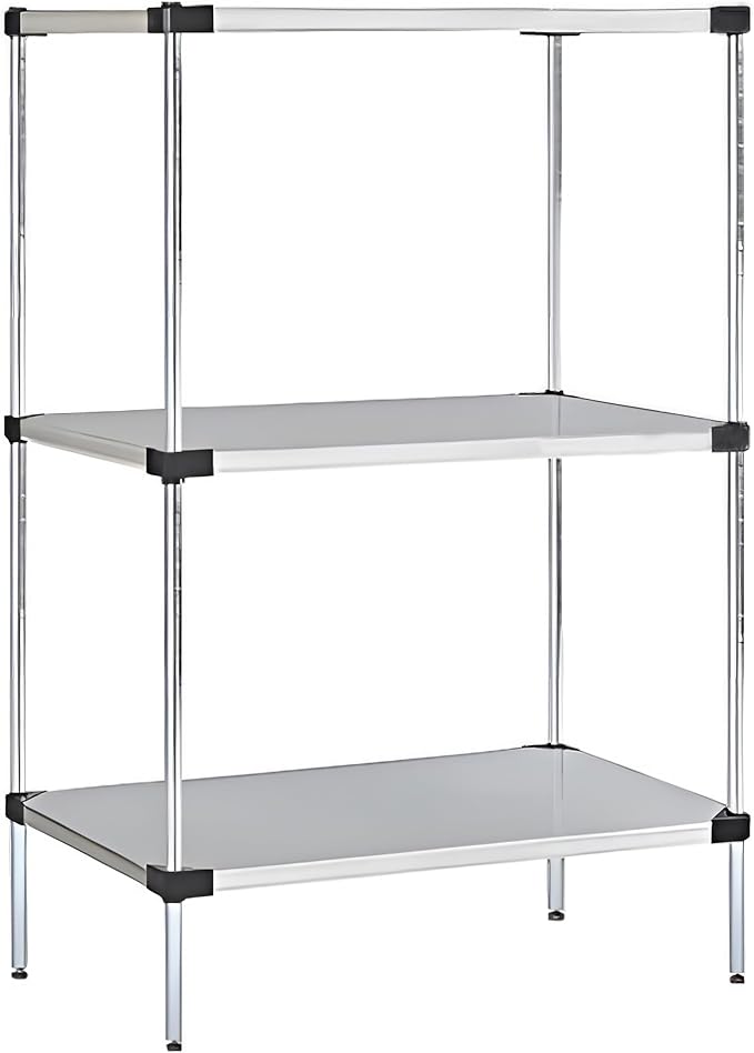 Omega Solid Stainless Steel Shelves, 21" Deep x 42" Wide x 34" High 3 Tier Heavy Duty Solid Shelving Unit for Kitchen Garage Office Restaurant Warehouse 800-lb Per Shelf Weight Capacity