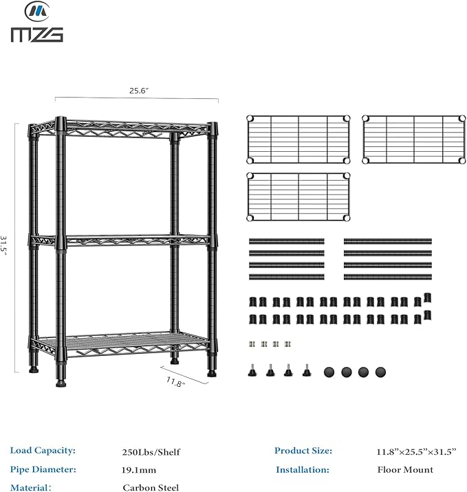 750 lbs 3 Tier Shelf Metal Storage Shelves Wire Rack Closet Organizers for Garage Kitchen Bathroom Laundry Black 11.8" D x 25.6" W x 31.5" H