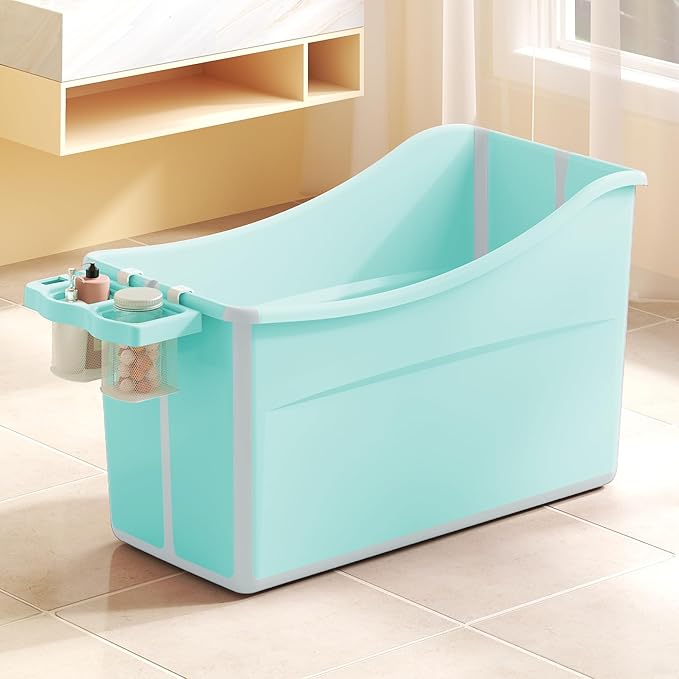 Collapsible Baby Bathtub Foldable Bathtub for Toddler Portable Large Foldable Bath Tub Bathtub for Kids Petite with Thermometer and Storage Basket (Green)