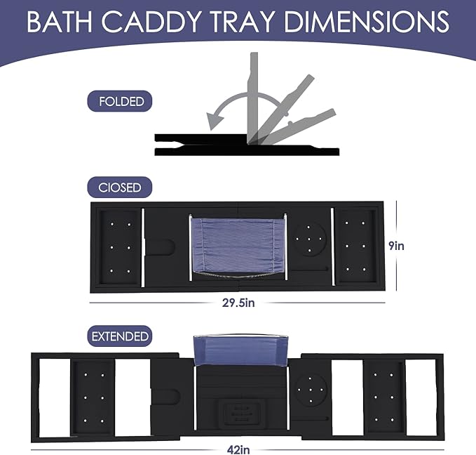 Foldable Bathtub Caddy Tray, Bamboo Bath Tub Tray Table for Tub with Wine Glass Holder Book Phone Tablet Holder with Extending Sides, Adjustable Bathroom Bathtub Free Soap Holder Gift Idea (Black)
