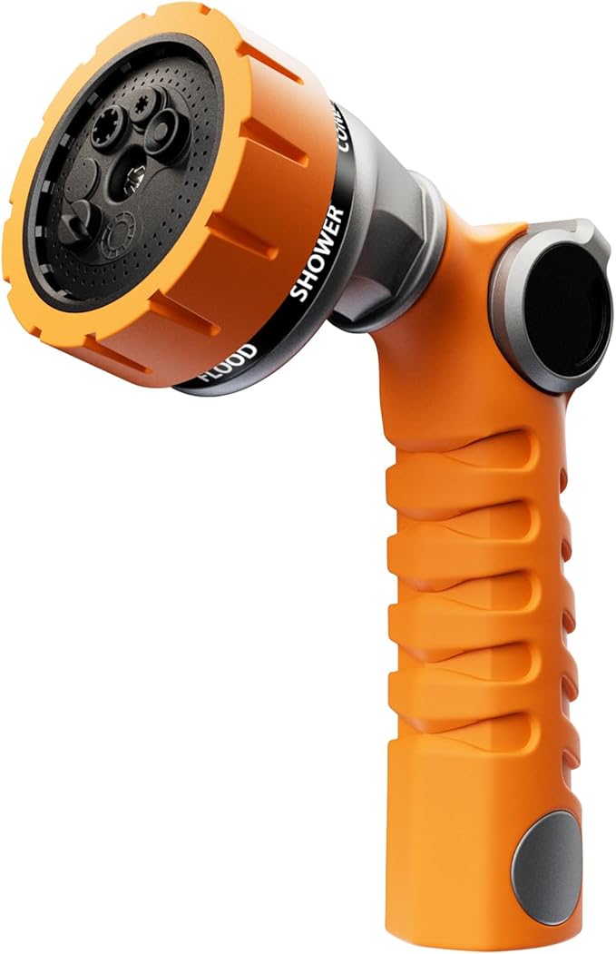 RESTMO Heavy Duty Hose Nozzle, Metal Garden Water Hose Sprayer with 7 Watering Patterns, Thumb Control, On Off Valve, High Pressure Nozzle Sprayer for Watering Plants, Car and Pet Washing, Orange