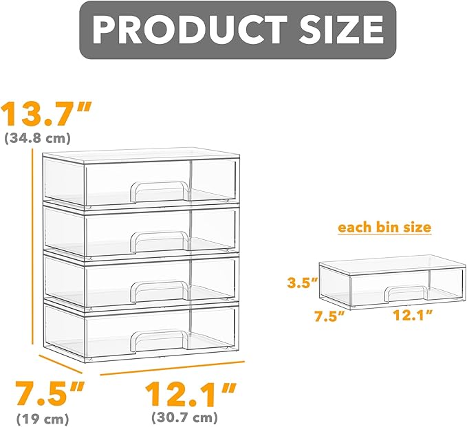 SpaceAid Bottle Storage Organizer Baby - Acrylic Bottles Station Organizer Container, Stackable Clear Drawers for Countertop, Vanity, Bathroom, Cabinet, Pantry Organization, 4 Pack, 4L, 13.7"H
