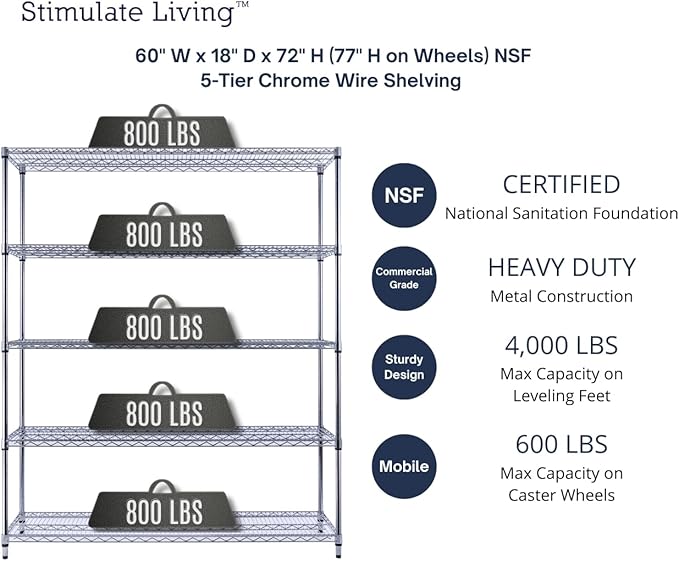 60"x18"x72" PRIME HEAVY DUTY Chrome 5-Tier Wire Shelving 4000 LBS MAX Capacity Storage Rack for Commercial, School, Home, Garage, Warehouse, Industrial, and Hospital Uses (with Wheels)