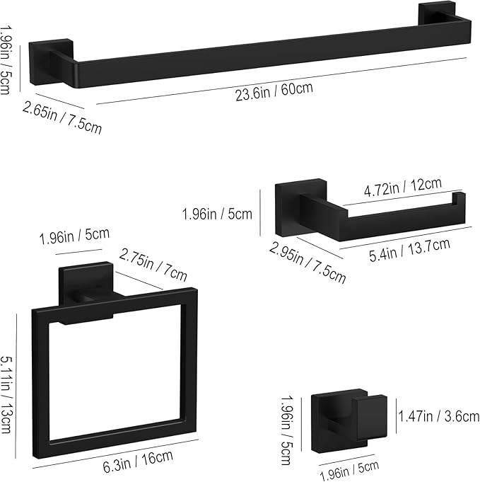 15-Piece Matte Black Bathroom Accessories Set – 23.6" Towel Bar, Towel Ring, Toilet Paper Holder & Hooks, Wall Mounted Bathroom Hardware, Rust & Corrosion-Resistant, Ideal for Modern Bathrooms
