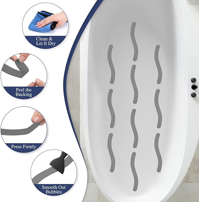 28 PCS Shower Floor Non Slip Stickers with Strong Adhesive, Invisible & Durable Anti Slip Shower Stickers with Scraper for Bath Tub, Pools and Stairs(Grey,Wavy)