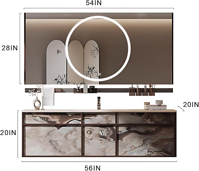 56IN Modern Bathroom Vanity with Sink - Bathroom Vanity with 2 Drawer Organizer, LED Mirror Lights & Defogging Function | Wall - Mounted Vanity with Multifunctional Storage Rack