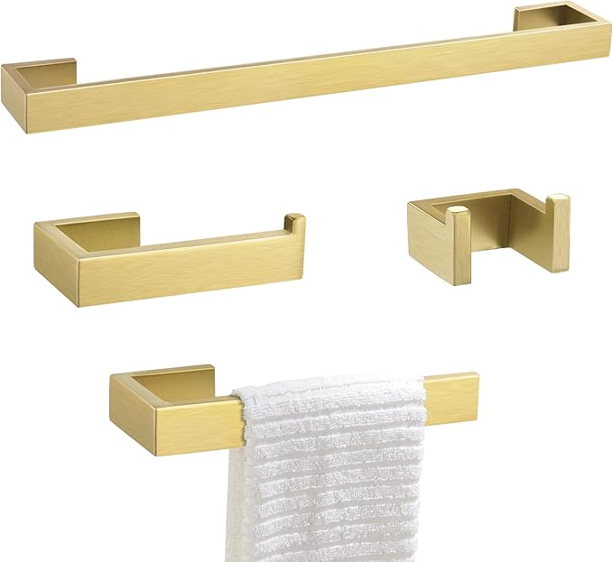 Gold Towel Bar Set 4 Pieces Bathroom Hardware Set Wall Mounted Stainless Steel,Towel Bar+Towel Holder+Towel Hook+Toilet Paper Holder,23.6 inch