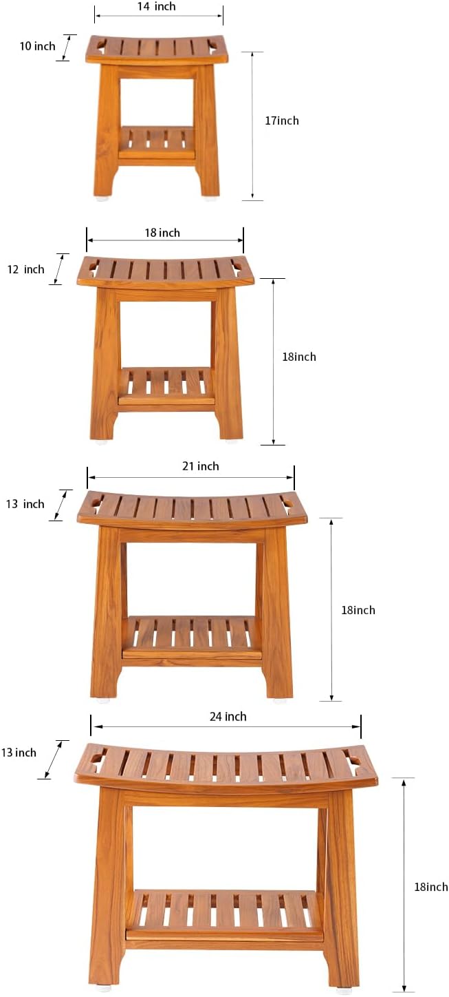 18" Standard Teak Shower Bench with Shelf & Handle - Waterproof, Non-Slip Bath Stool, 300 lbs Capacity - Fits Standard Tubs/Showers & Outdoor Use (Patented)