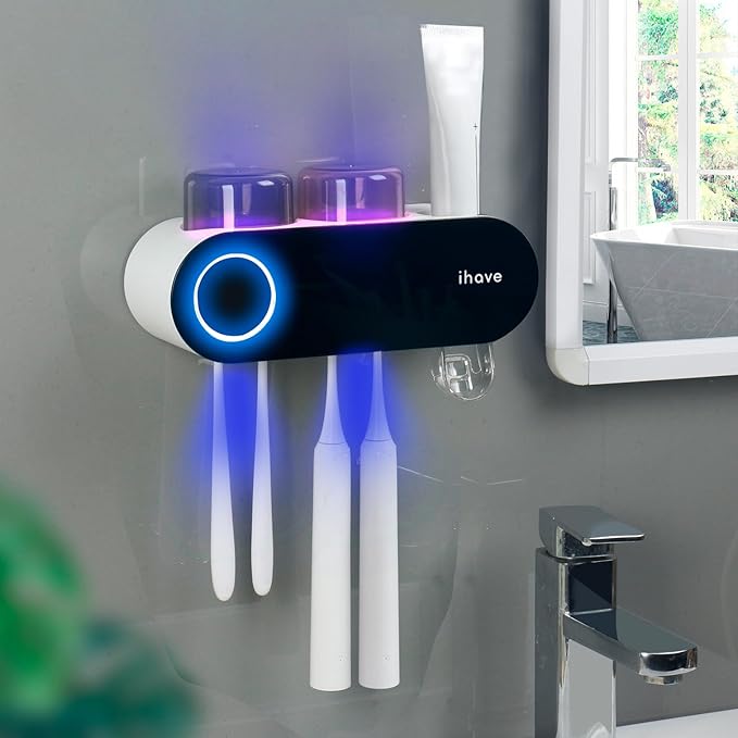 iHave Toothbrush Holders for Bathrooms, UV Toothbrush Sanitizer and Holder Smart Home Bathroom Accessories, 2 Cups Electric Toothbrush Holder Wall Mounted with Toothpaste Dispenser Bathroom Decor
