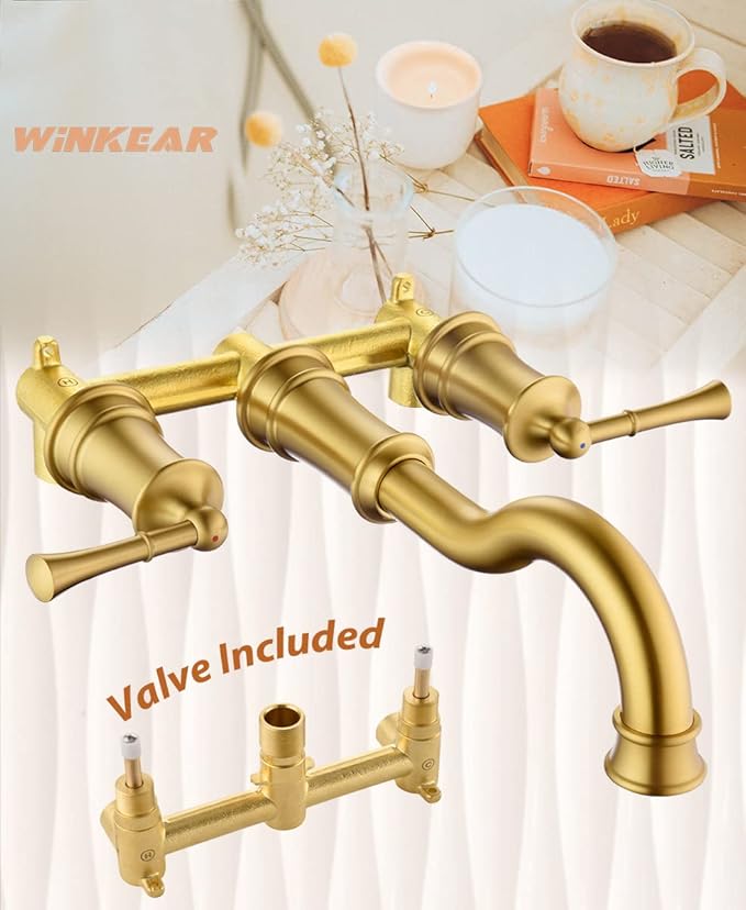 Roman Bathtub Faucet Wall Mount Widespread Tub Filler with Rough-in Valve 3 Holes 2 Lever Handle Elegant Classic Spout for Bathroom, Brushed Gold