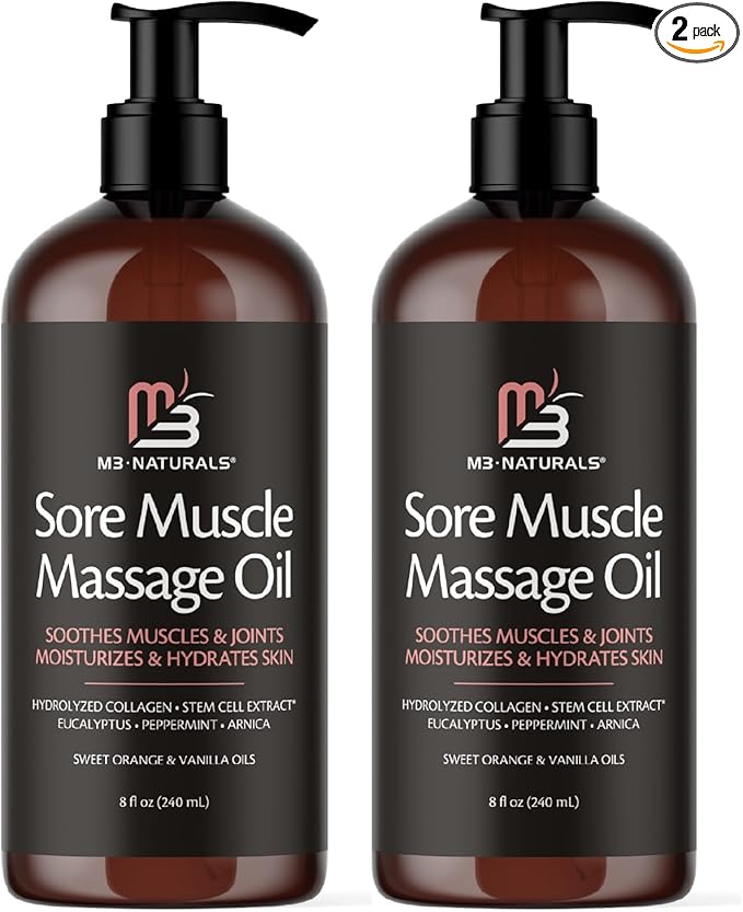 Arnica Sore Muscle Massage Oil for Massage Therapy - with Collagen Stem Cells Arnica and Menthol - Multipurpose Instant Absorption Full Body Massage Oil by M3 Naturals (Pack of 2)