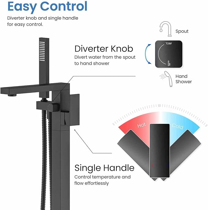 KIBI Cube Floor Mount Tub Filler with Hand Shower in Matte Black | Solid Brass Single Handle Freestanding Bathtub Faucet with 360° Swivel Spout, Modern Bath Faucet for Tub and Shower (KTF302MB)