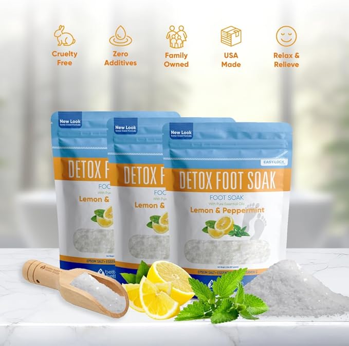 Detox Foot Soak (3 Pack Plus Scoop) Epsom Salt Soothing Soaks and Athlete's Foot Detox with Essential Oils in BPA Free Pouch with Press Lock Seal (Bundle with Three 2 Lbs Pouches 6 Lbs Total)