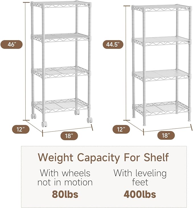 4 Tier Adjustable Storage Shelves,Heavy Duty Metal Utility Shelf Wire Shelving Unit Organizer Rack for Home Kitchen Office Bathroom Pantry Room 12" D x 18" W x 44.5" H