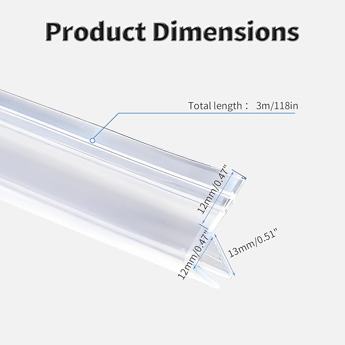 Shower Door Side Seal Strip,118 Inch F-Type Frameless Shower Door Seal, F-Type Shower Door Sweep for 15/32"(12mm) Thick Glass
