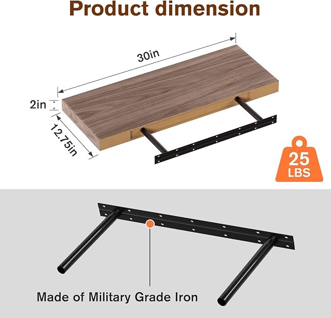 Floating Shelf, Set of 3 Wall Shelf, 30 in W x 12.75 in D x 2 in H Wooden Floating Wall Shelf with Invisible Brackets for Living Room/Bedroom/Bathroom/Kitchen Storage and Decor, Walnut