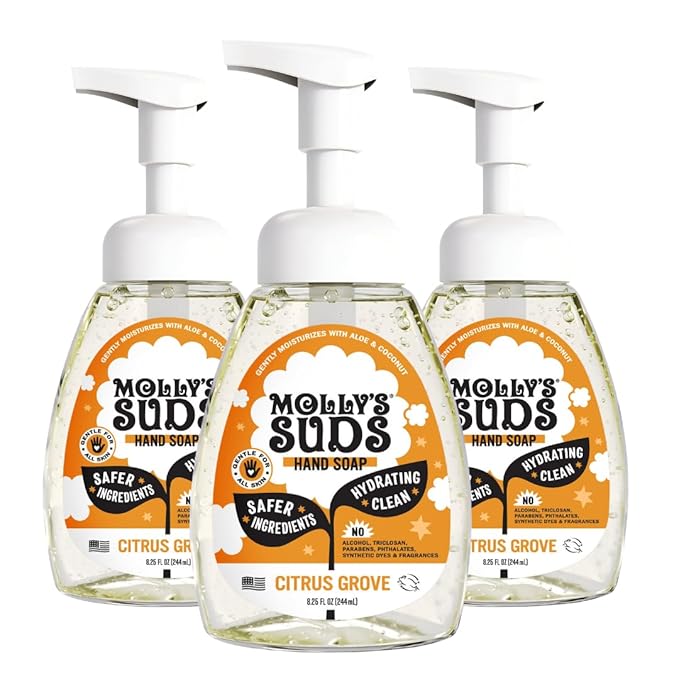 Molly's Suds Foaming Hand Soap - Made with Aloe and Coconut Oil | Moisturizing Hand Wash | Clean Ingredients, Infused with Essential Oils | Citrus Grove - 8.25 Oz (Pack of 3)