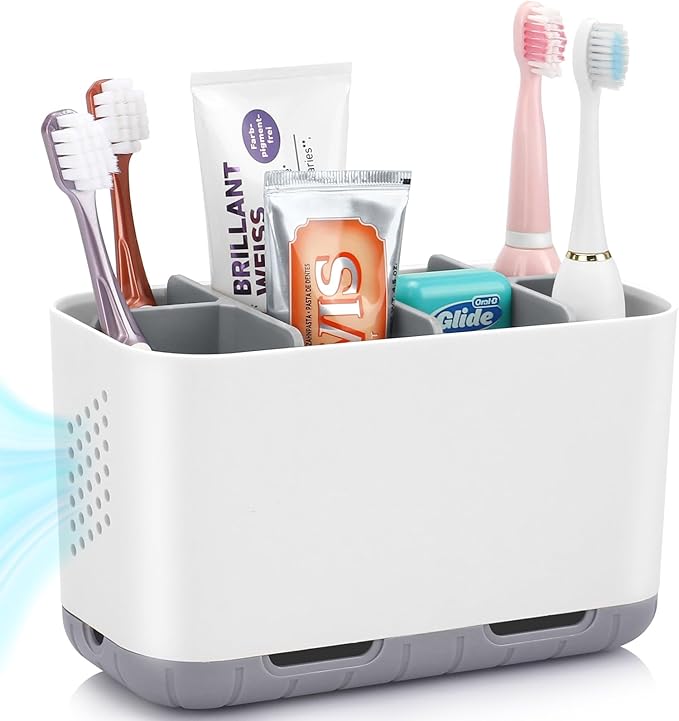 Boperzi Toothbrush and Toothpaste Holder Drainage for Bathroom Countertop with Adjustable Dividers, Large Toothpaste Caddy Organizer Storage Rustic Decor Set Anti-Slip for Shower,Family,Kids Gray