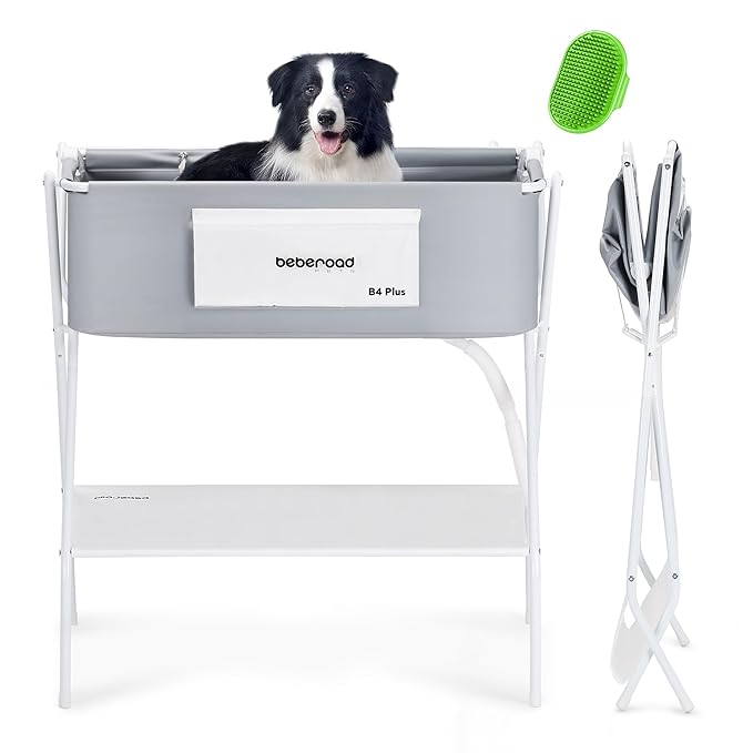 Dog Bathtub Dog Washing Station with Scrubber for Medium Dogs Under 66lbs or Two Small Pets, B4 Plus Foldable Dog Tub for Bathing and Grooming, Portable Collapsible Dog Shower Tub