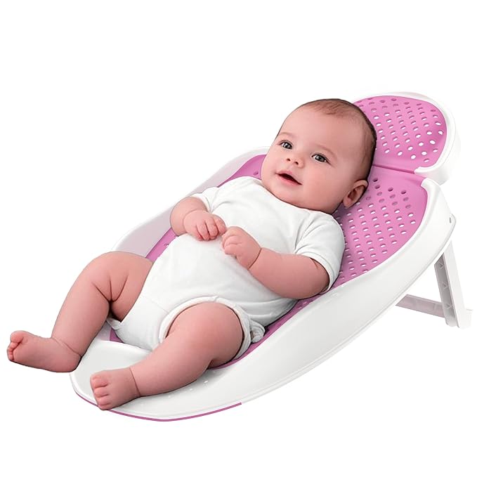Baby Bathtub Support for Babies 0-6 Months, Foldable Portable Infant Bathtub, Ergonomic Mesh Baby Bath Tub, Pink