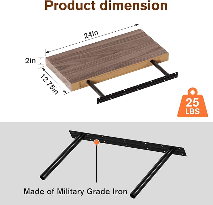 Floating Shelf, Set of 3 Wall Shelf, 24 in W x 12.75 in D x 2 in H Wooden Floating Wall Shelf with Invisible Brackets for Living Room/Bedroom/Bathroom/Kitchen Storage and Decor, Walnut