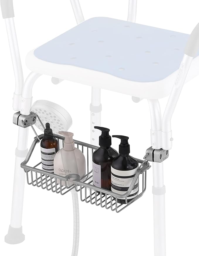 Rustproof Hanging Shower Caddy for Shower Chair, Stainless Steel Bathroom Basket for Bathroom Chair Bench,Showers Caddy Chair with Hooks, Shampoo Bottle Holder for Elderly, Pregnant, Handicap, Patient